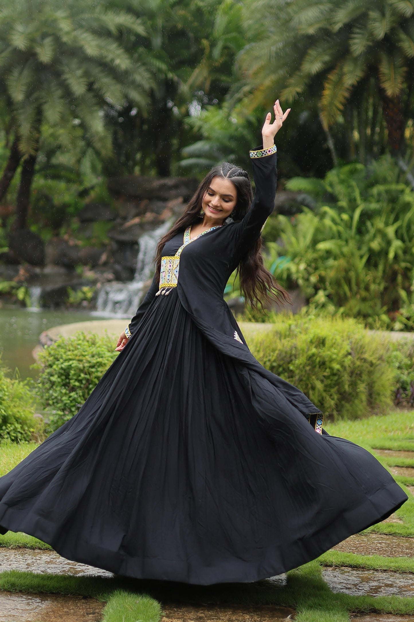 BLACK RAYON WITH KUTCHI GAMTHI LACE NAVARATRI GOWN
