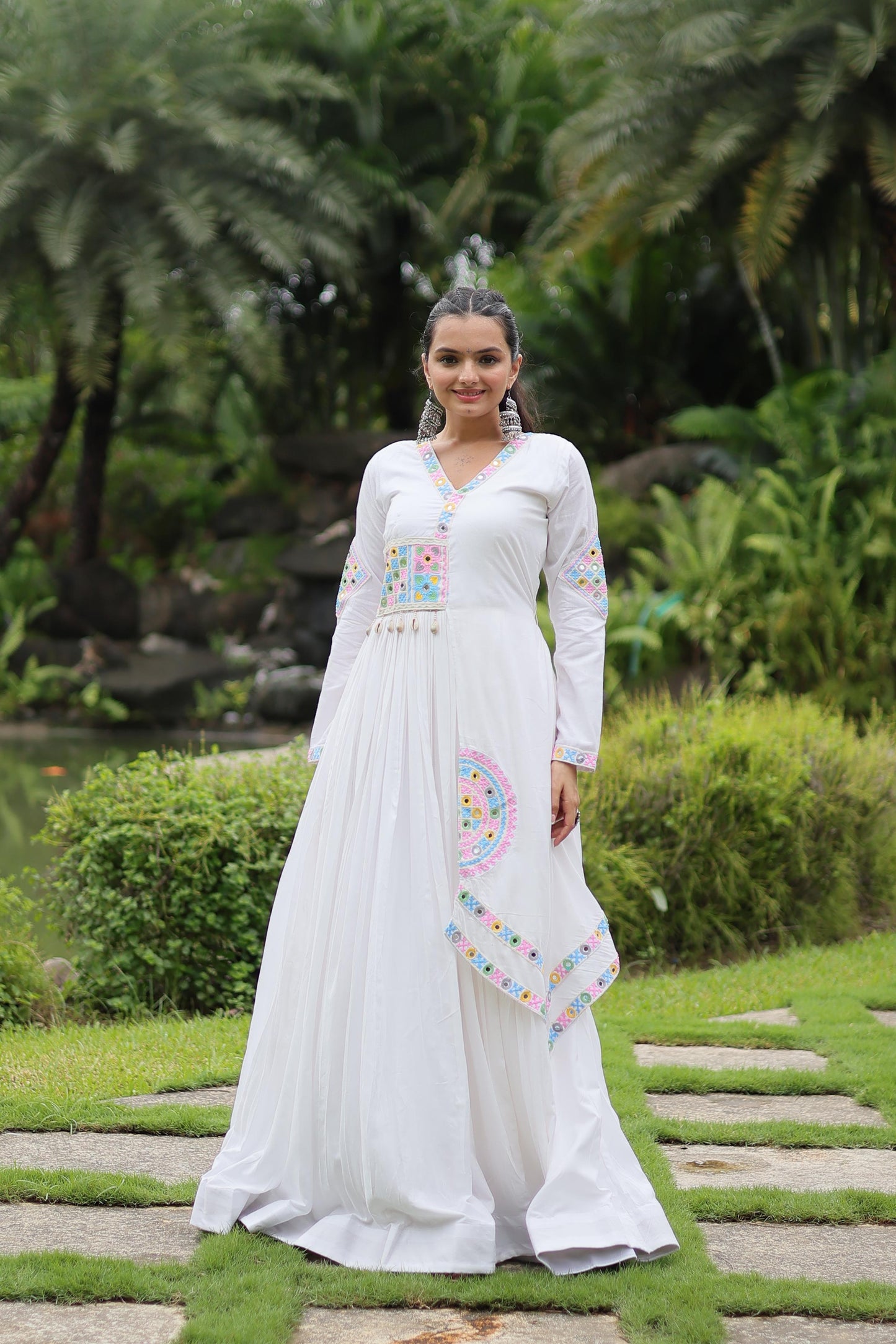 WHATE RAYON WITH KUTCHI GAMTHI LACE NAVARATRI GOWN