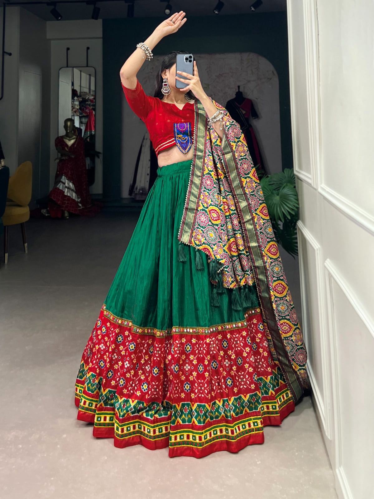 GREEN DOLA SILK PRINTED WITH FOIL WORK NAVRATRI LEHENGA