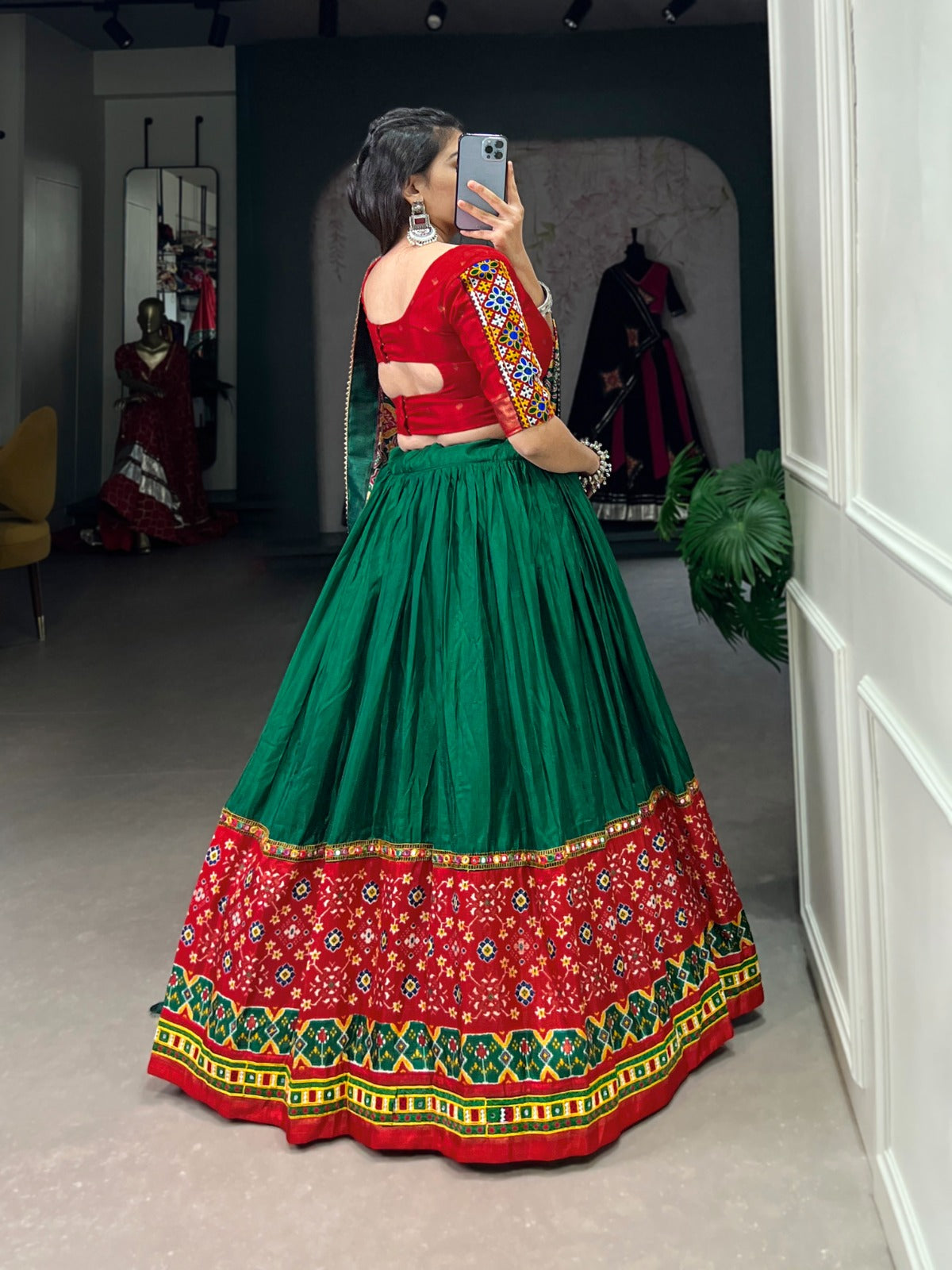 GREEN DOLA SILK PRINTED WITH FOIL WORK NAVRATRI LEHENGA