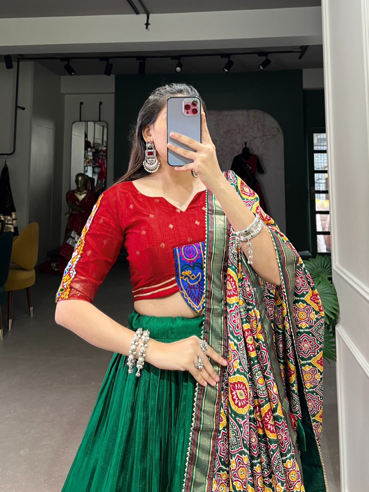 GREEN DOLA SILK PRINTED WITH FOIL WORK NAVRATRI LEHENGA