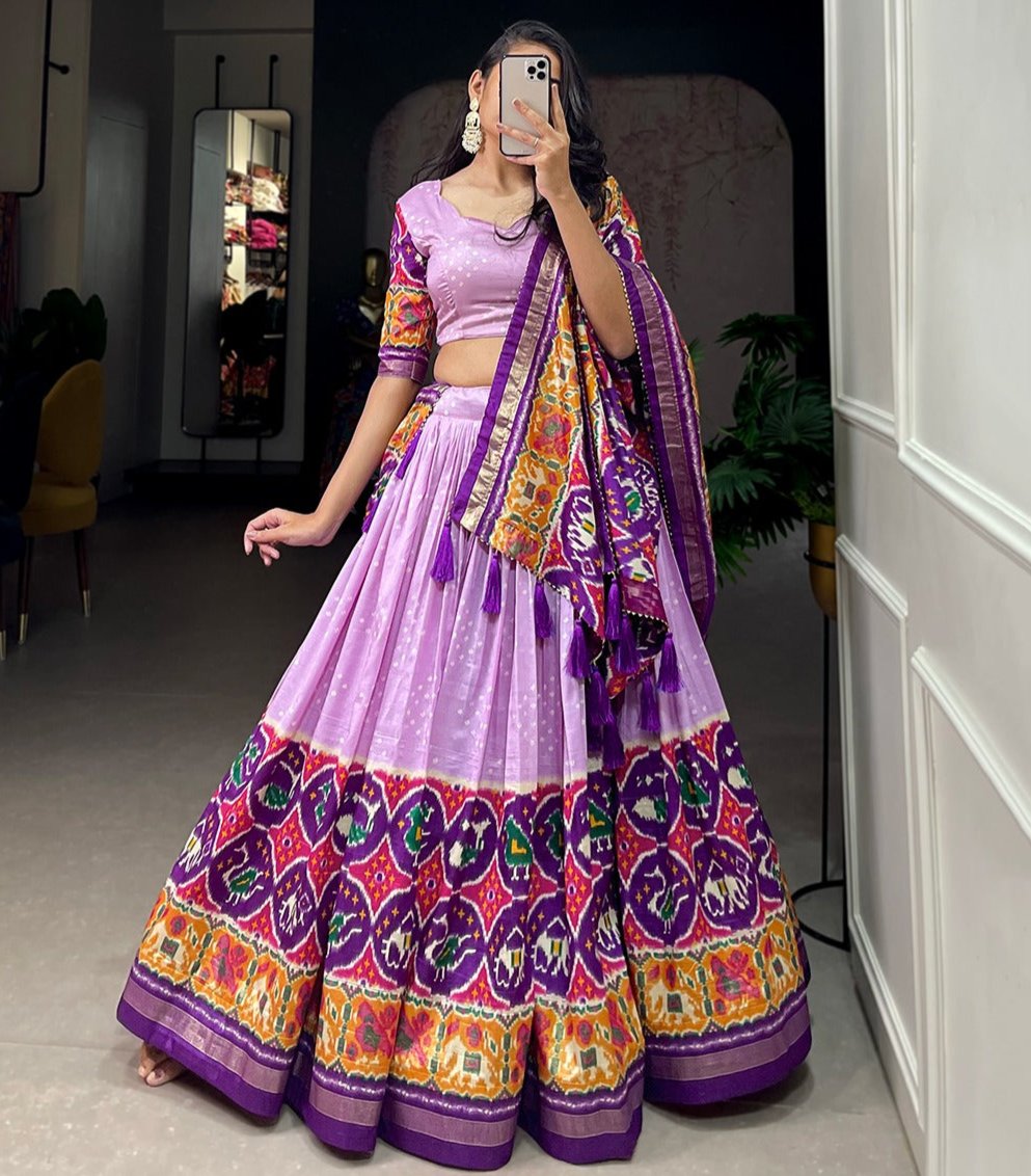TUSSAR SILK PATOLA PRINT WITH FOIL WORK LAVENDER COLOR LEHENGA CHOLI