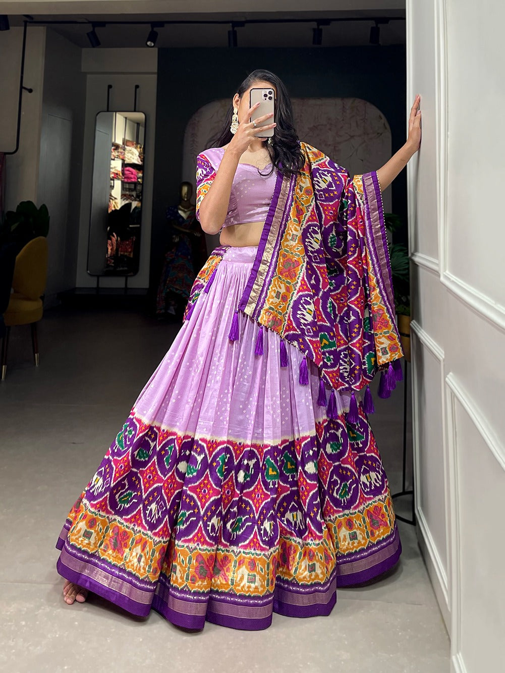 TUSSAR SILK PATOLA PRINT WITH FOIL WORK LAVENDER COLOR LEHENGA CHOLI