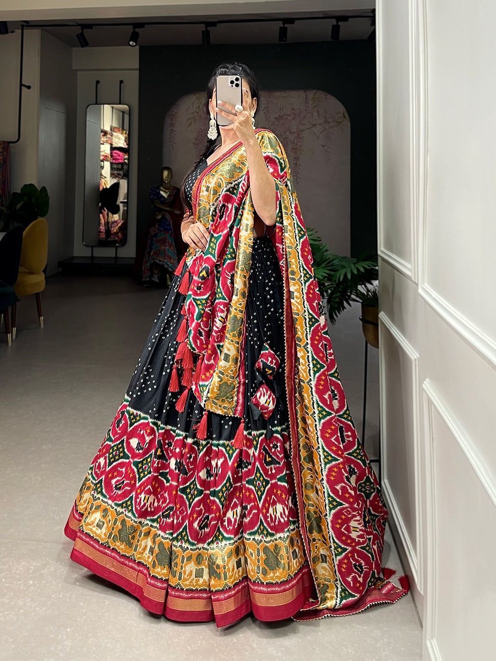 TUSSAR SILK PATOLA PRINT WITH FOIL WORK BLACK COLOR LEHENGA CHOLI