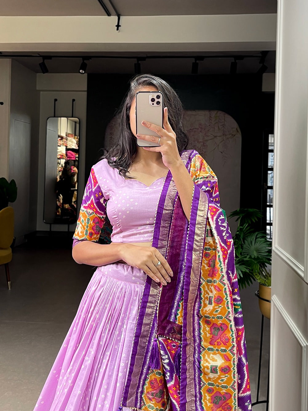 TUSSAR SILK PATOLA PRINT WITH FOIL WORK LAVENDER COLOR LEHENGA CHOLI