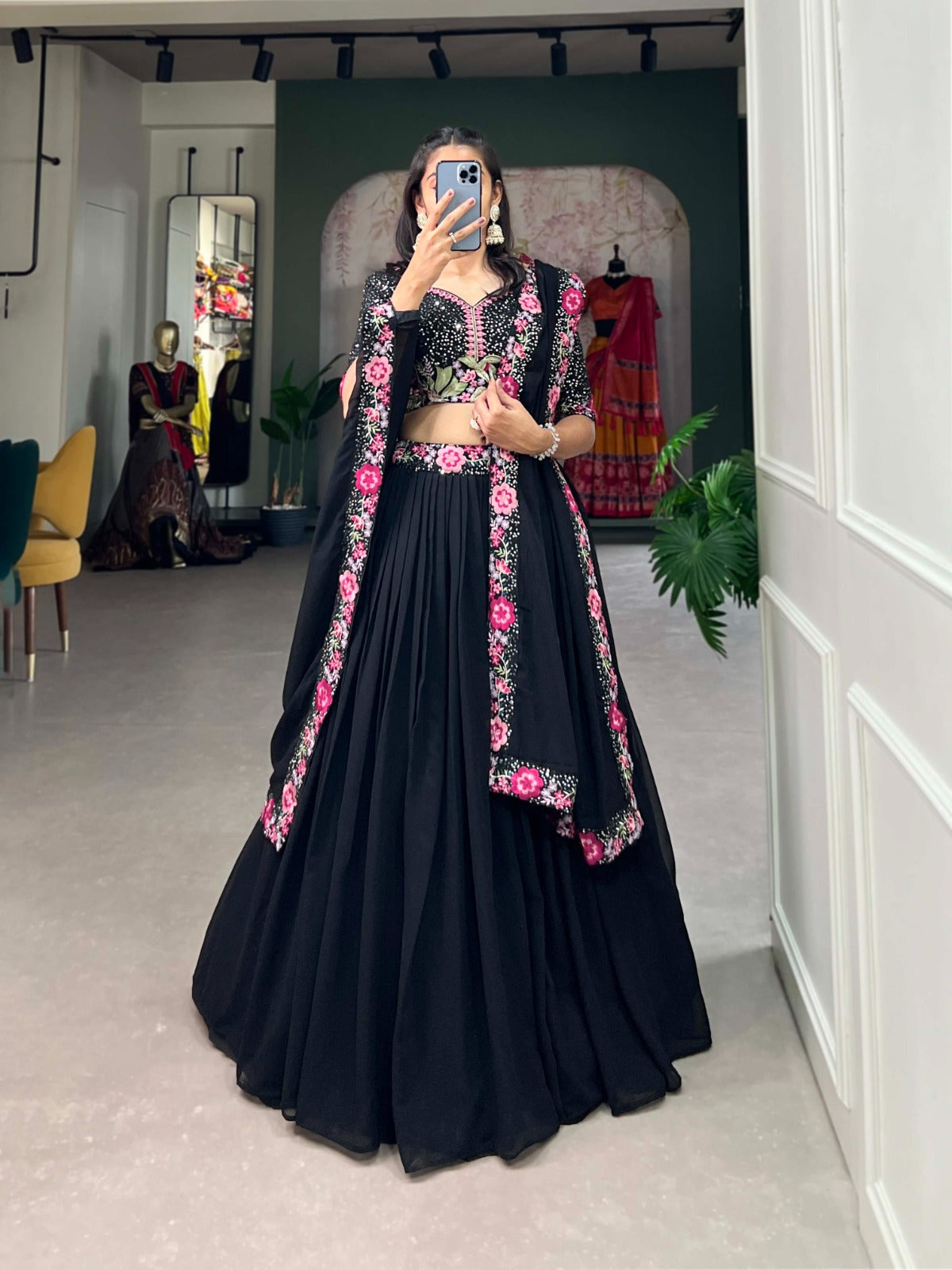 BLACK COLOR GEORGETTE PLAIN WITH SEQUINS EMBROIDERY WORK KEHENGA CHOLI