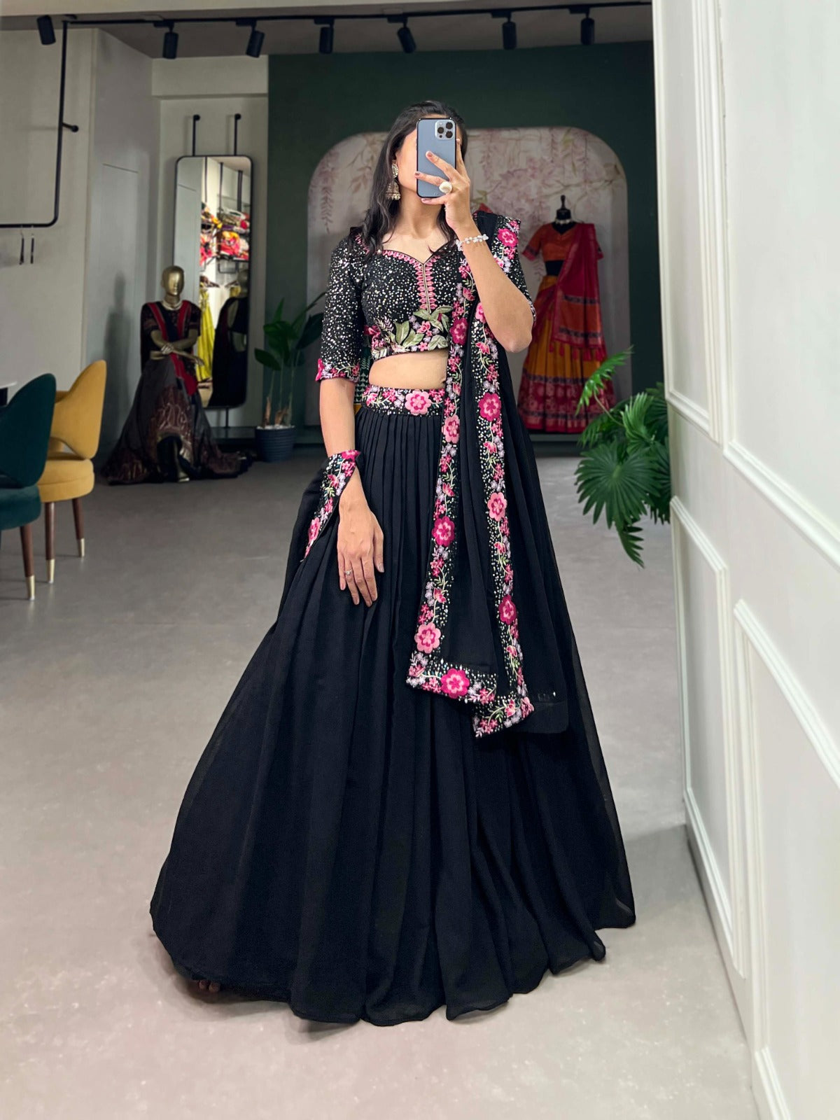BLACK COLOR GEORGETTE PLAIN WITH SEQUINS EMBROIDERY WORK KEHENGA CHOLI