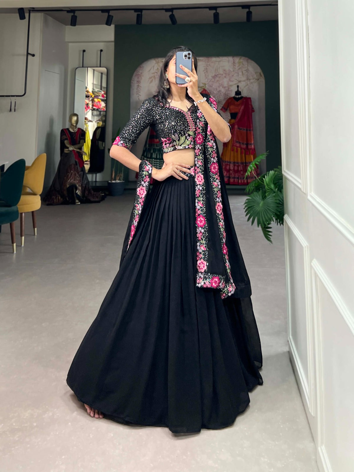 BLACK COLOR GEORGETTE PLAIN WITH SEQUINS EMBROIDERY WORK KEHENGA CHOLI