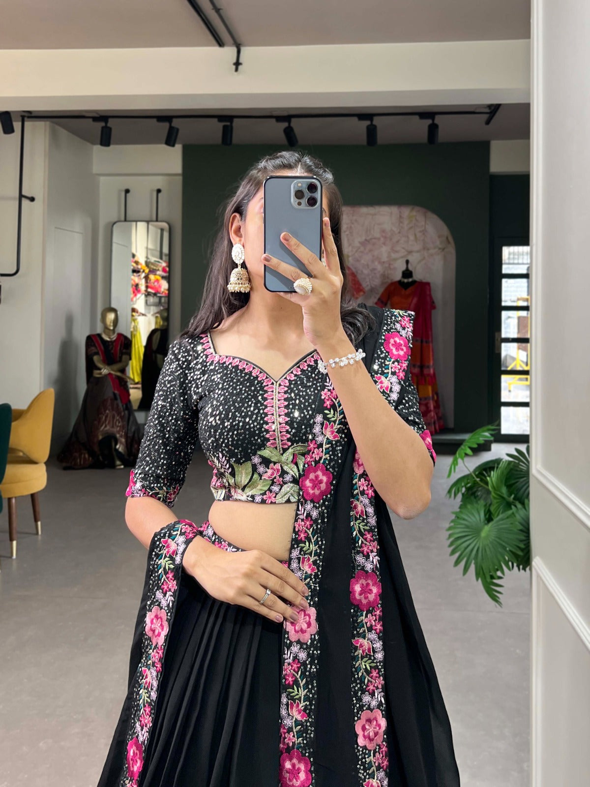 BLACK COLOR GEORGETTE PLAIN WITH SEQUINS EMBROIDERY WORK KEHENGA CHOLI