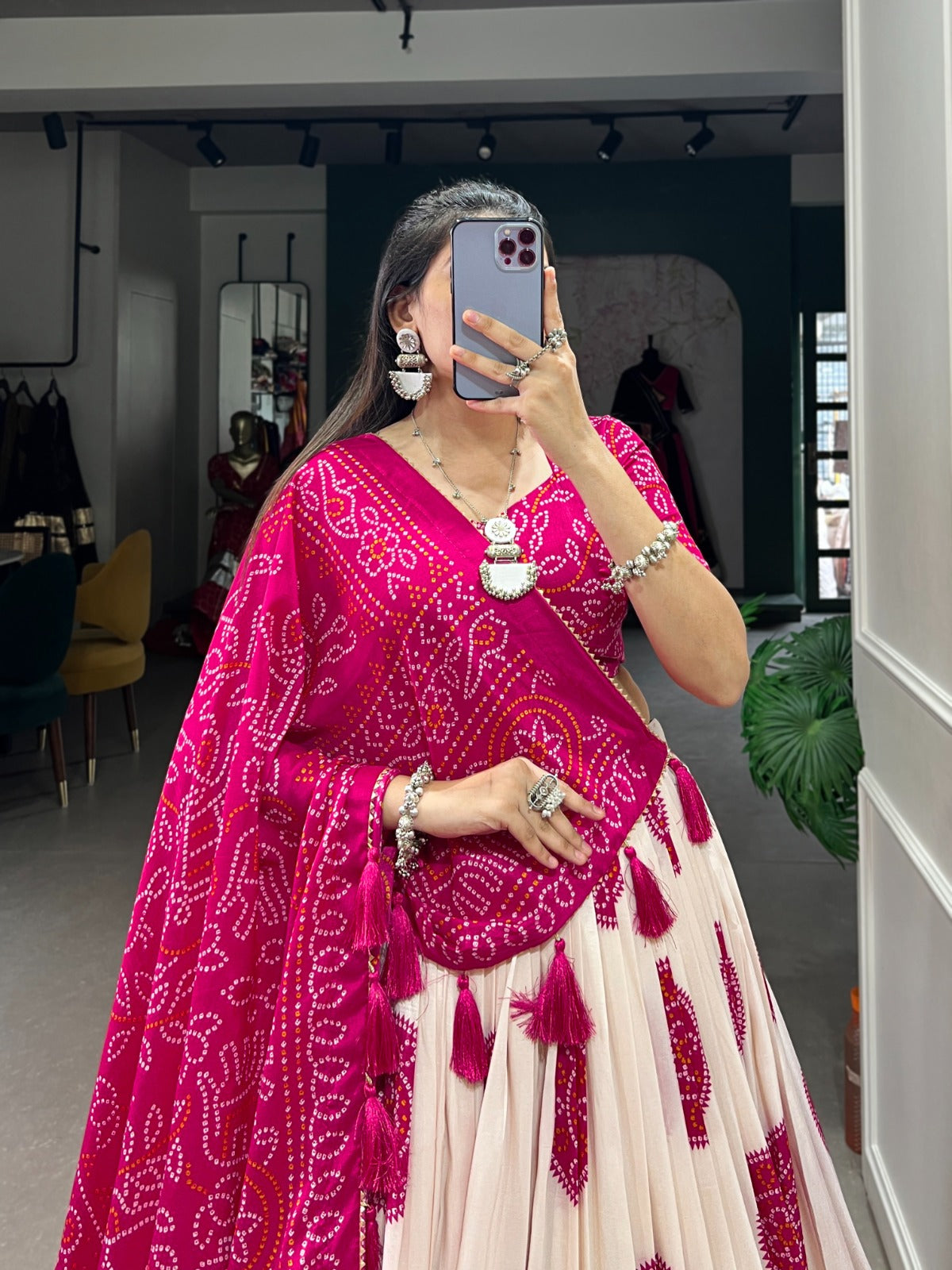 PINK COLOR BANDHEJ PRINT WITH TUSSAR SILK LEHENGA CHOLI