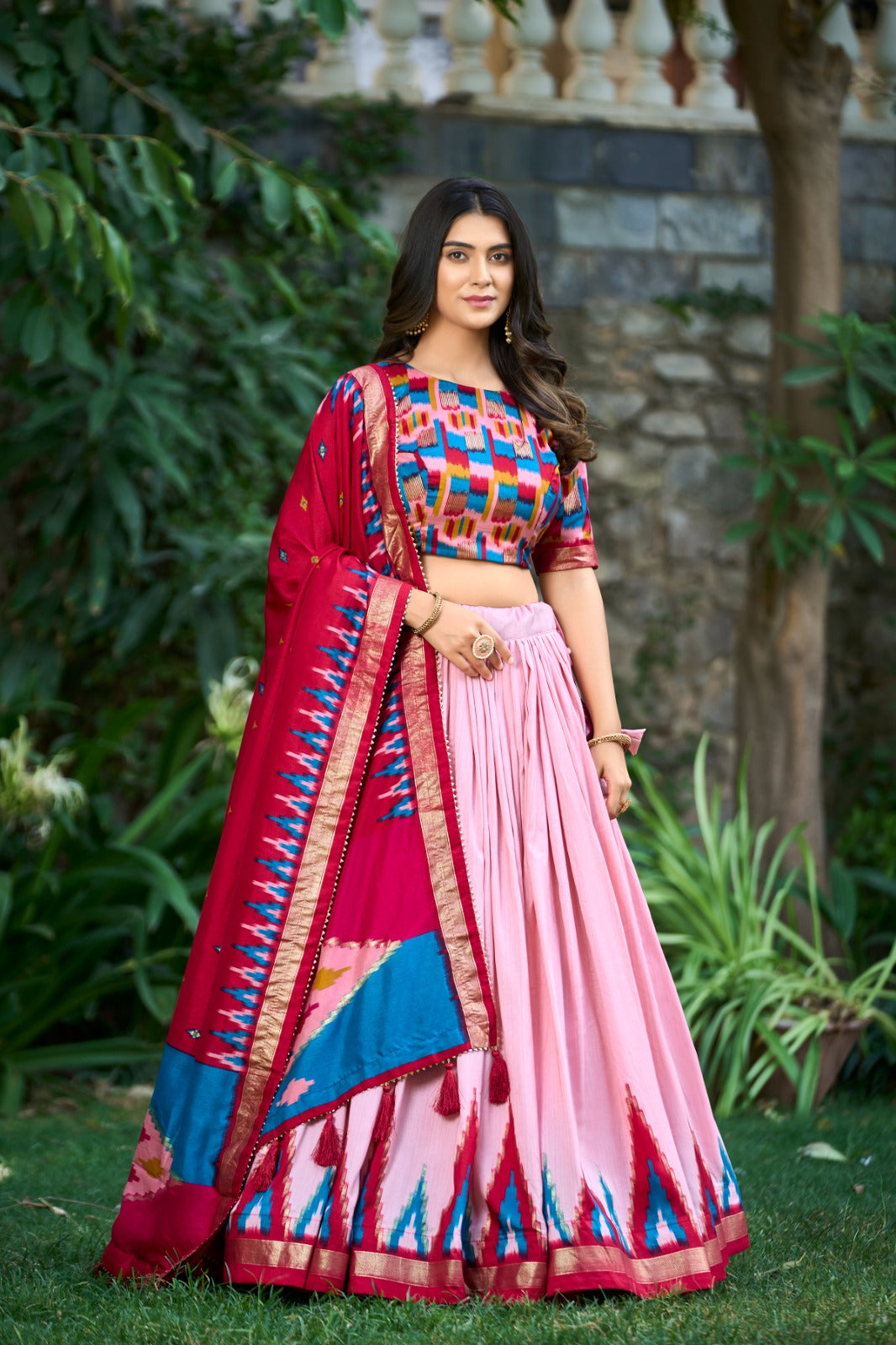 LIGHTWEIGHT PEACH COLOR TUSSAR SILK WITH FOIL WORK PRINT LEHENGA CHOLI