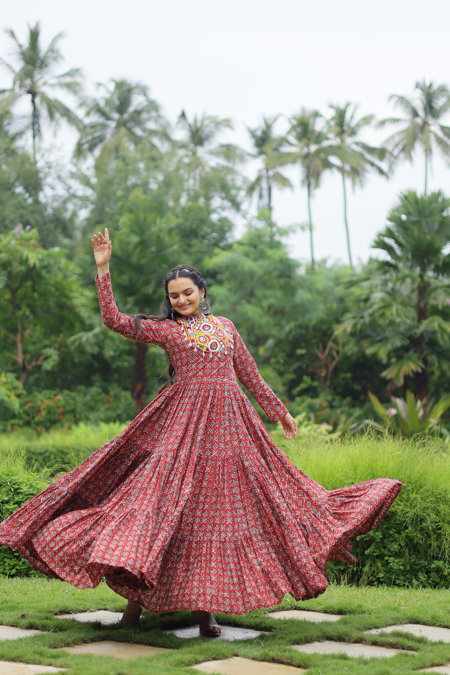 MAROON KODI LACE WITH COTTON PRINT NAVRATRI GOWN