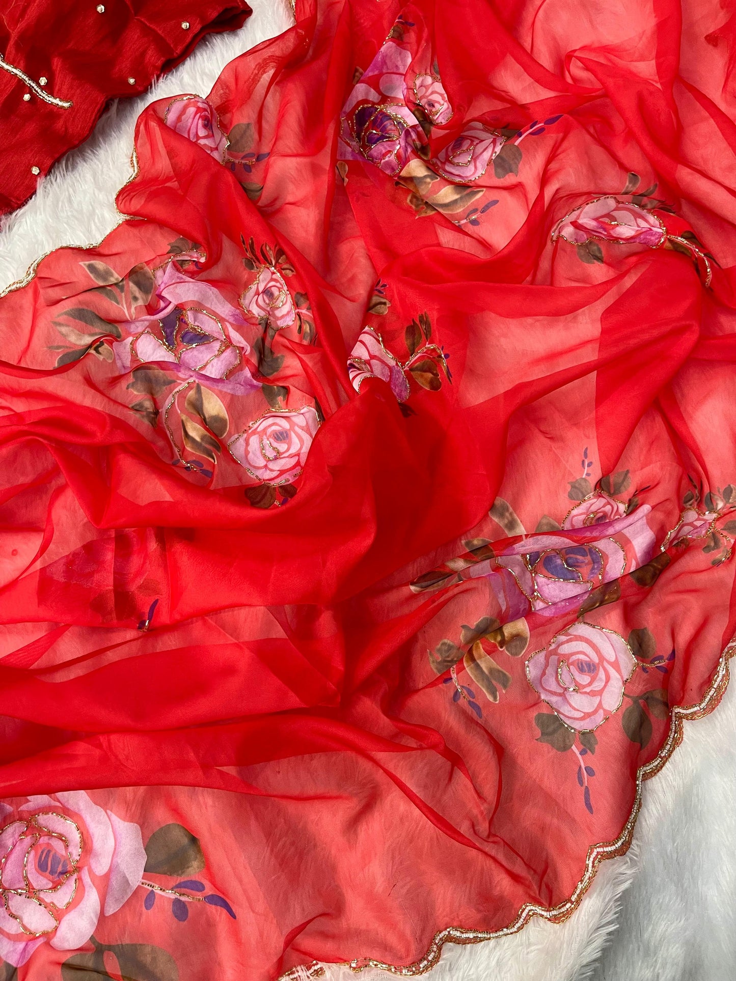 Red Floral print Organza Silk With unstiched Blouse Saree
