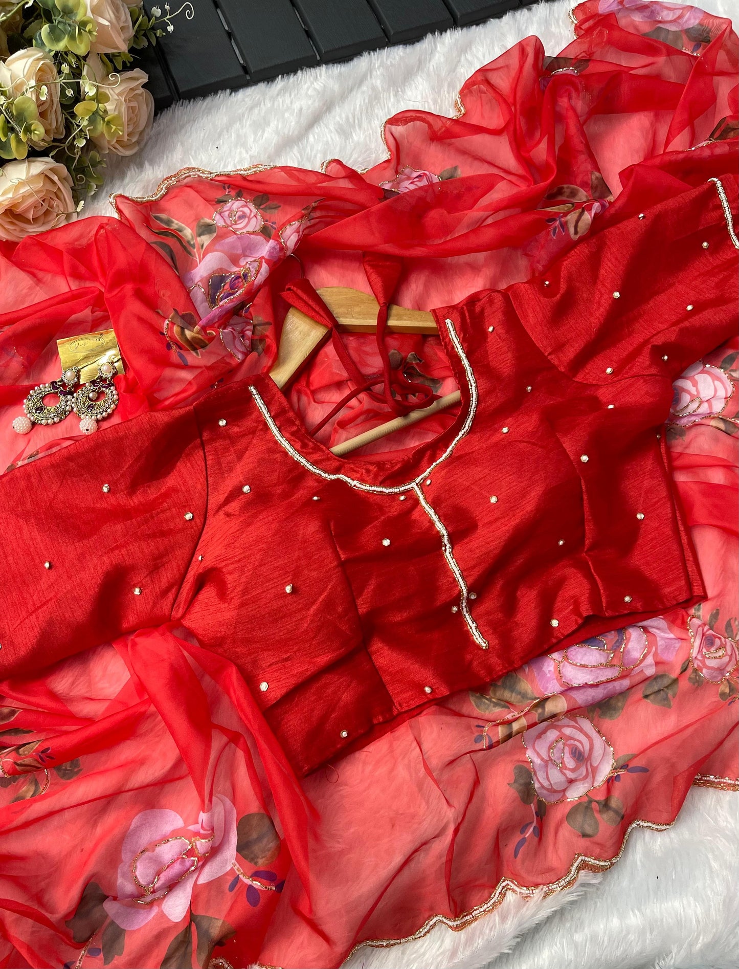 Red Floral print Organza Silk With unstiched Blouse Saree