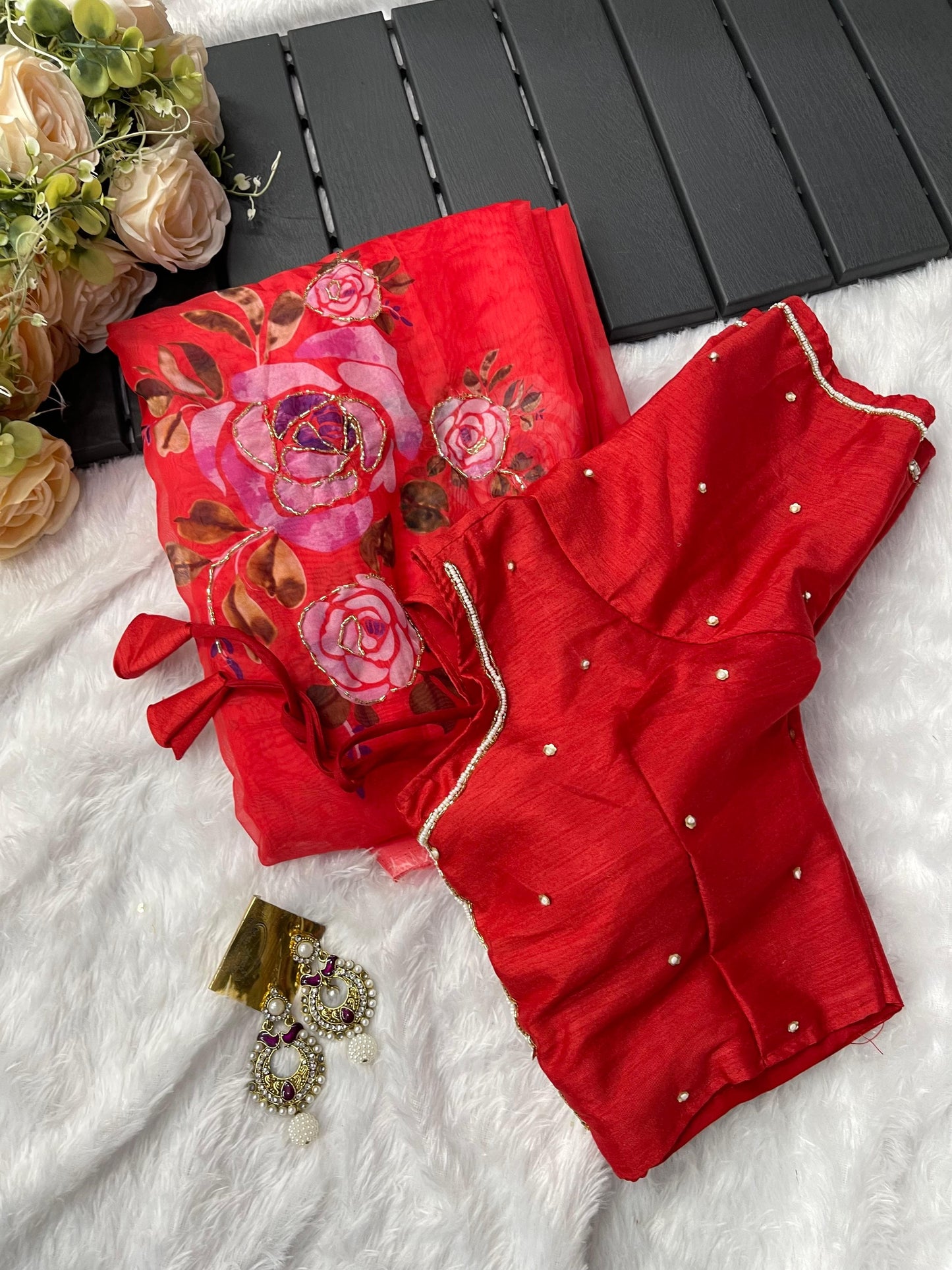 Red Floral print Organza Silk With unstiched Blouse Saree
