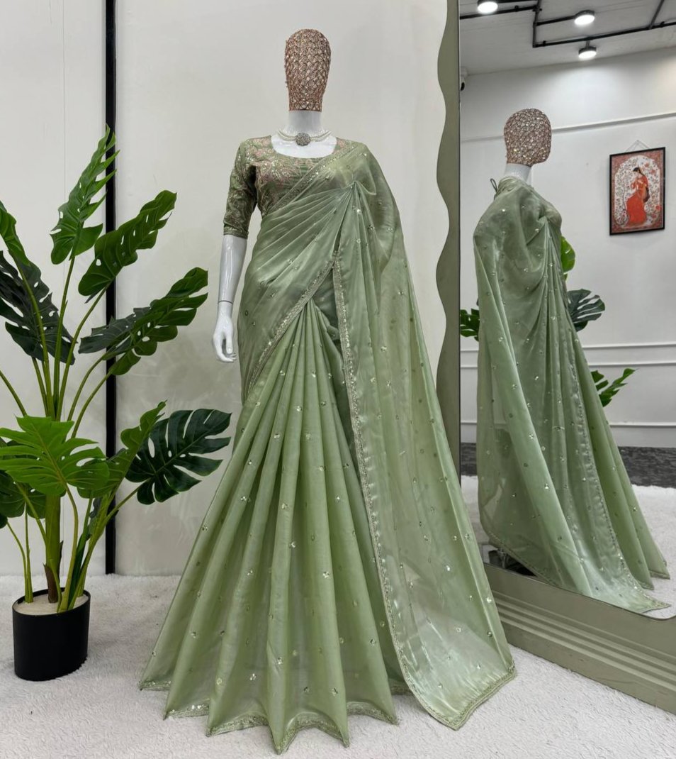Pista Jimmy Chu Sequnce Work Saree