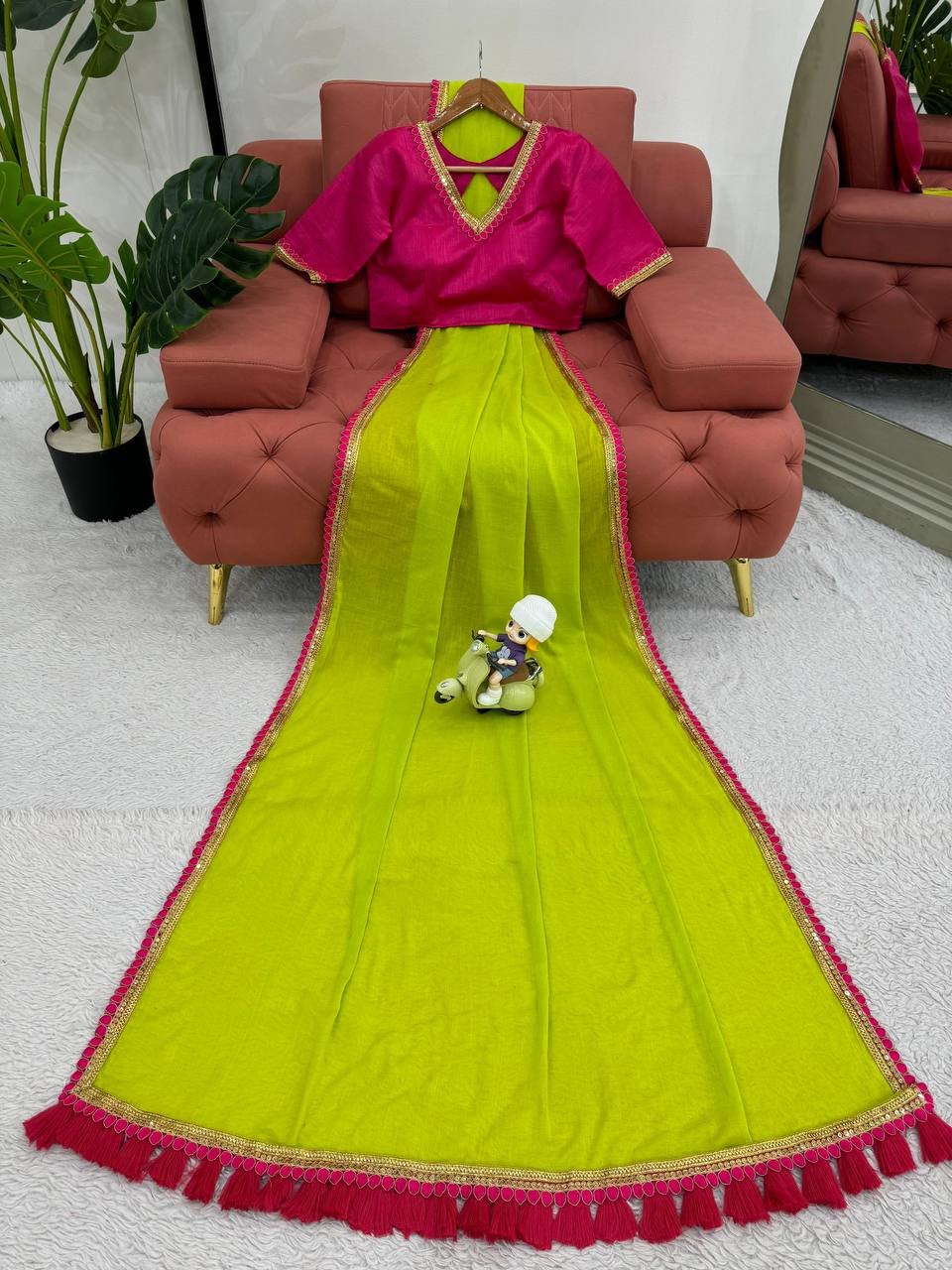 Neon & Pink Mul Cotton With Fancy Lace Saree