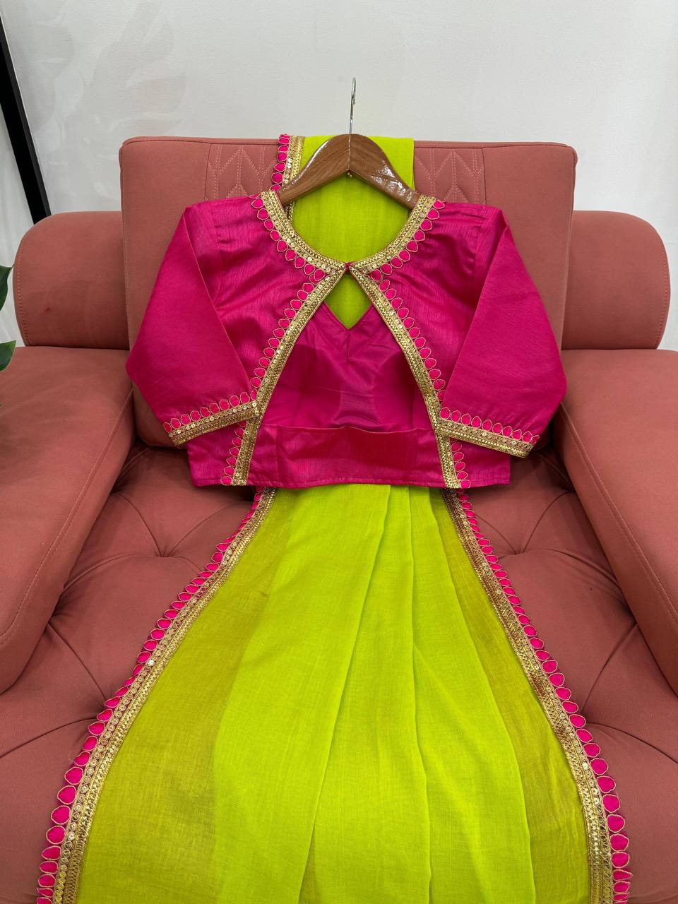 Neon & Pink Mul Cotton With Fancy Lace Saree