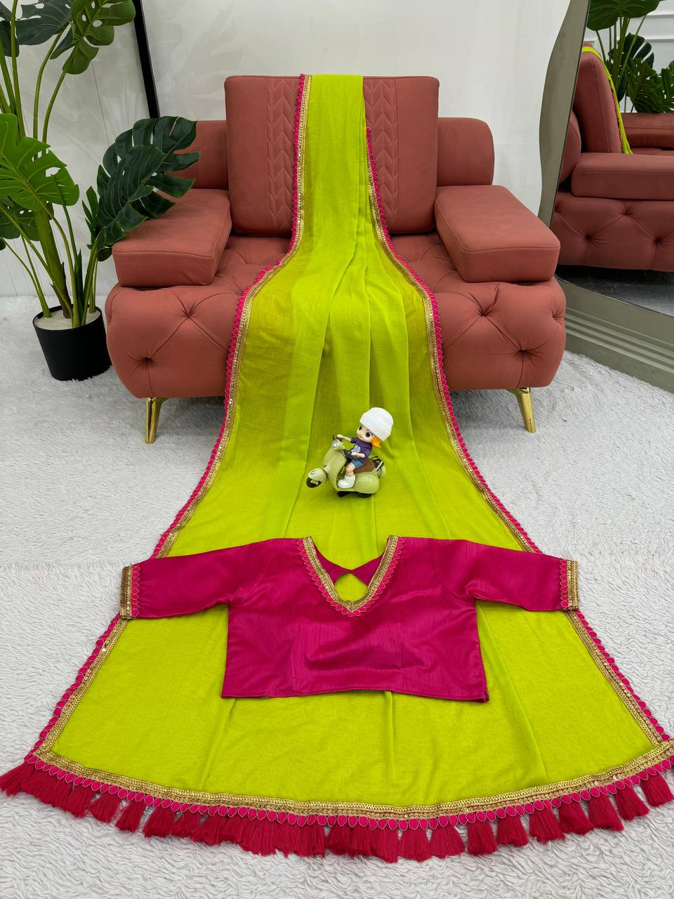 Neon & Pink Mul Cotton With Fancy Lace Saree