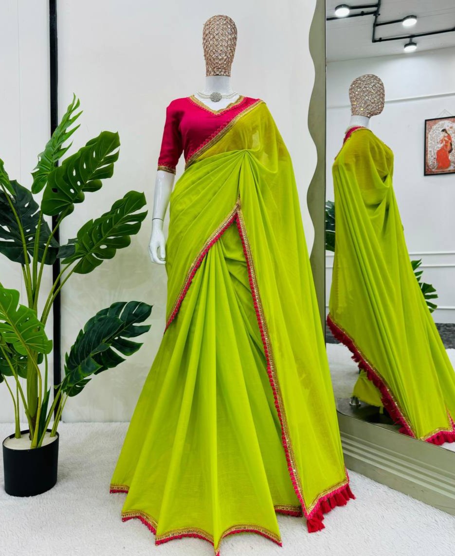 Neon & Pink Mul Cotton With Fancy Lace Saree