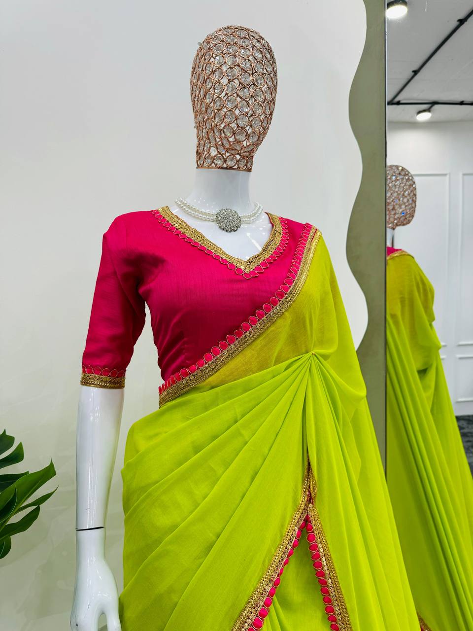 Neon & Pink Mul Cotton With Fancy Lace Saree
