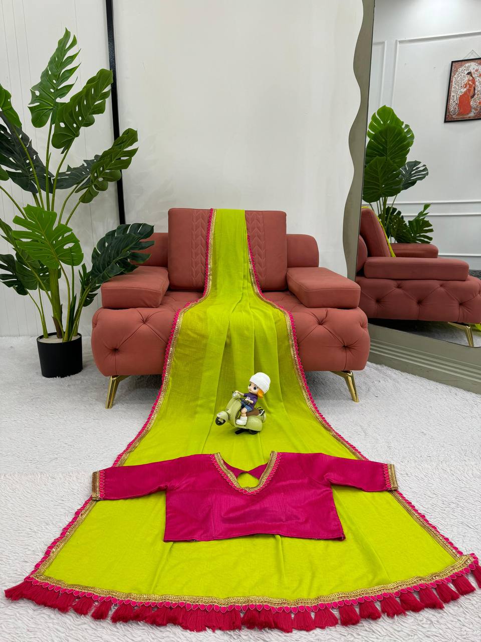 Neon & Pink Mul Cotton With Fancy Lace Saree