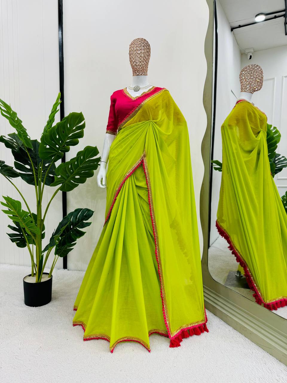 Neon & Pink Mul Cotton With Fancy Lace Saree