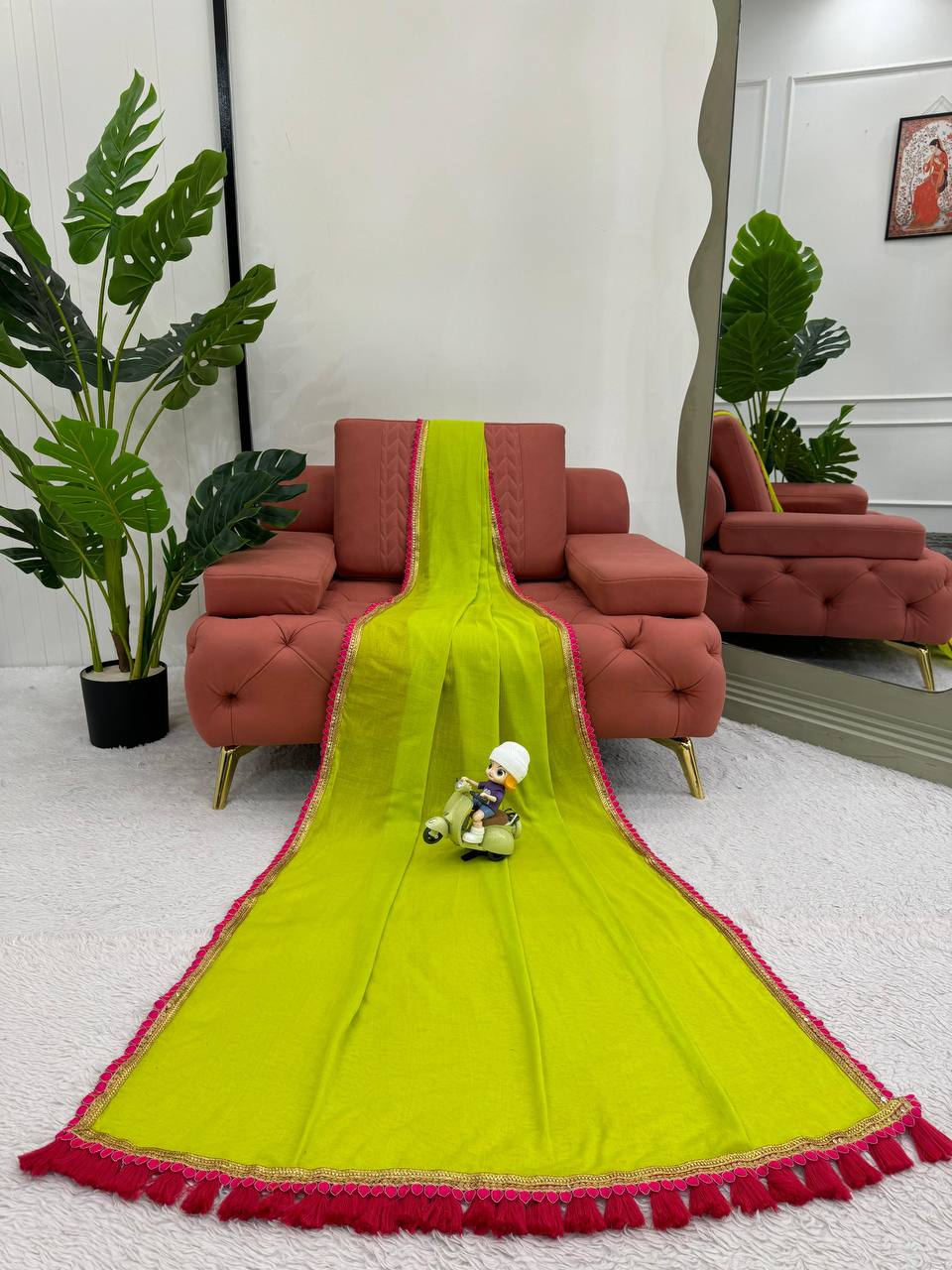 Neon & Pink Mul Cotton With Fancy Lace Saree