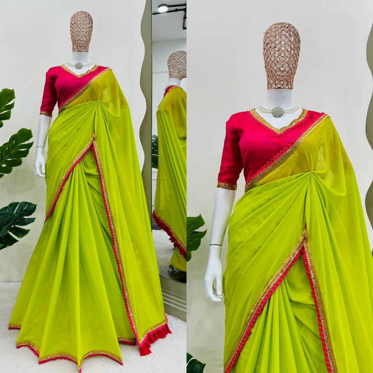 Neon & Pink Mul Cotton With Fancy Lace Saree