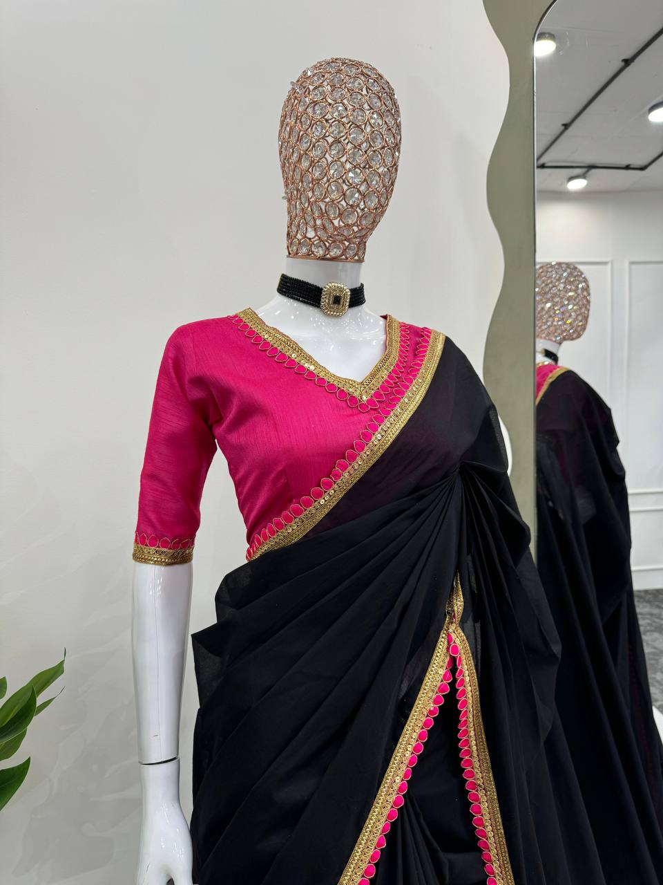 Black &Pink Mul Cotton Saree