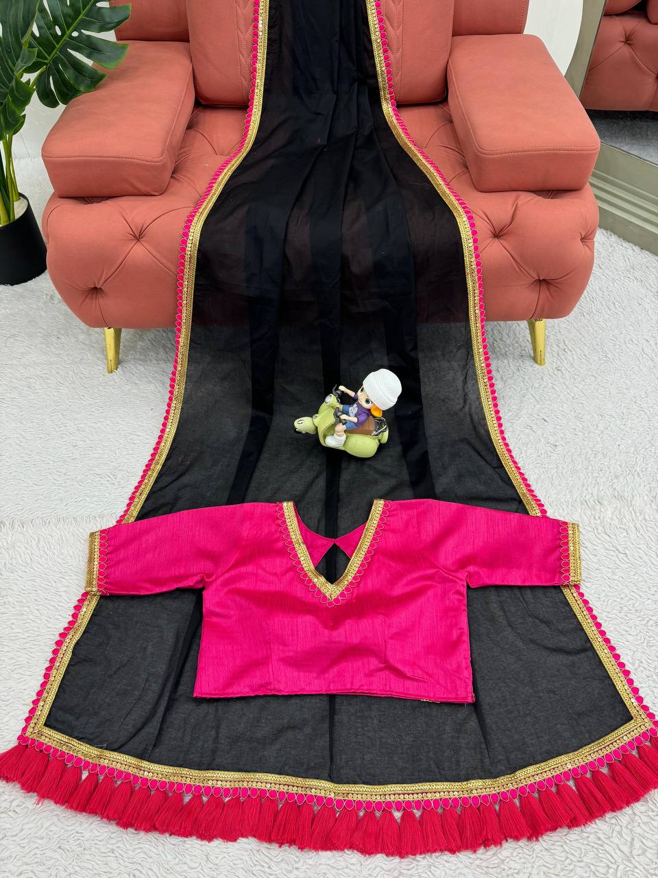 Black &Pink Mul Cotton Saree