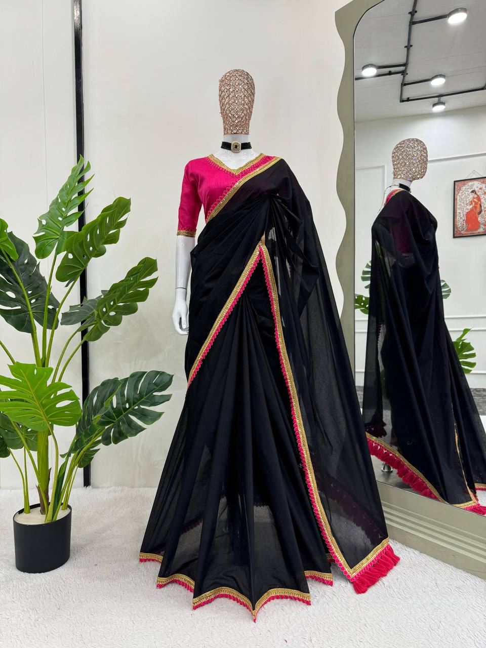 Black &Pink Mul Cotton Saree