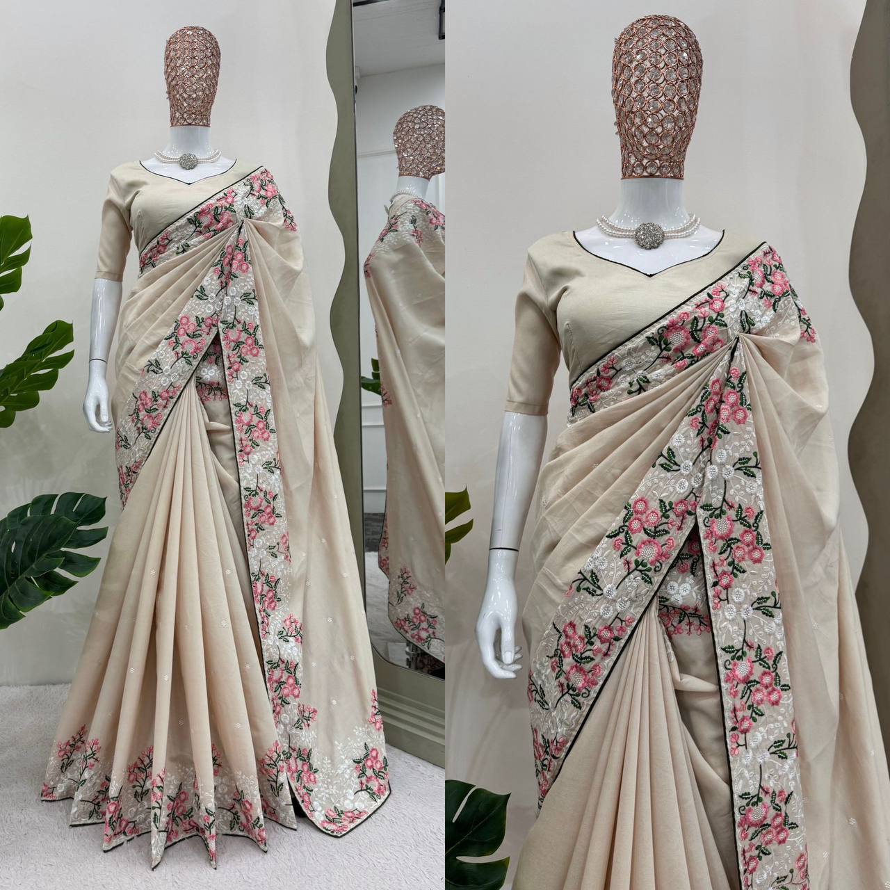 Off White Roman Silk With Thred Work Saree
