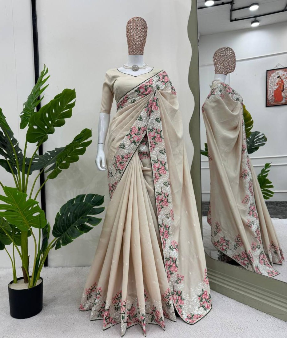 Off White Roman Silk With Thred Work Saree