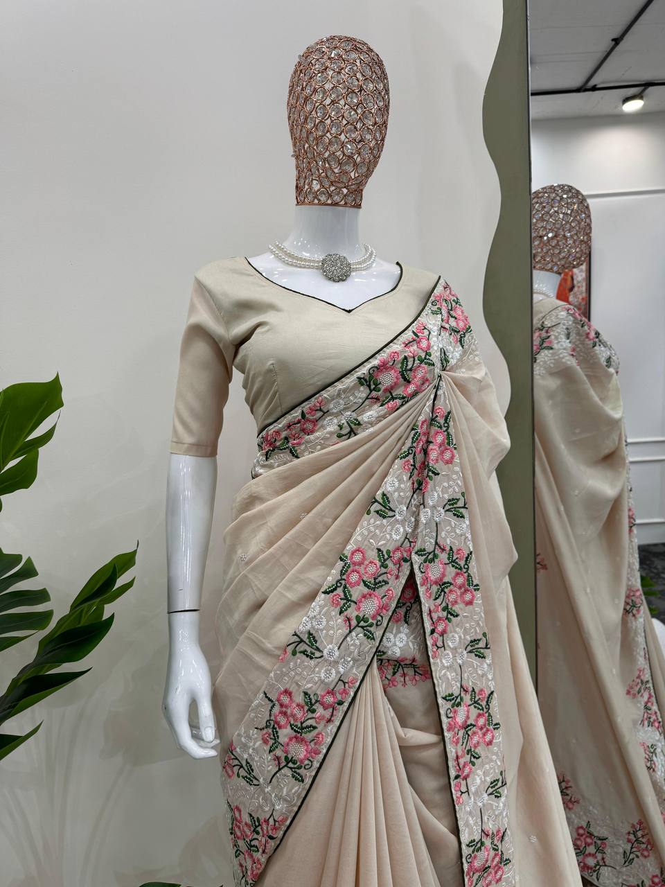 Off White Roman Silk With Thred Work Saree