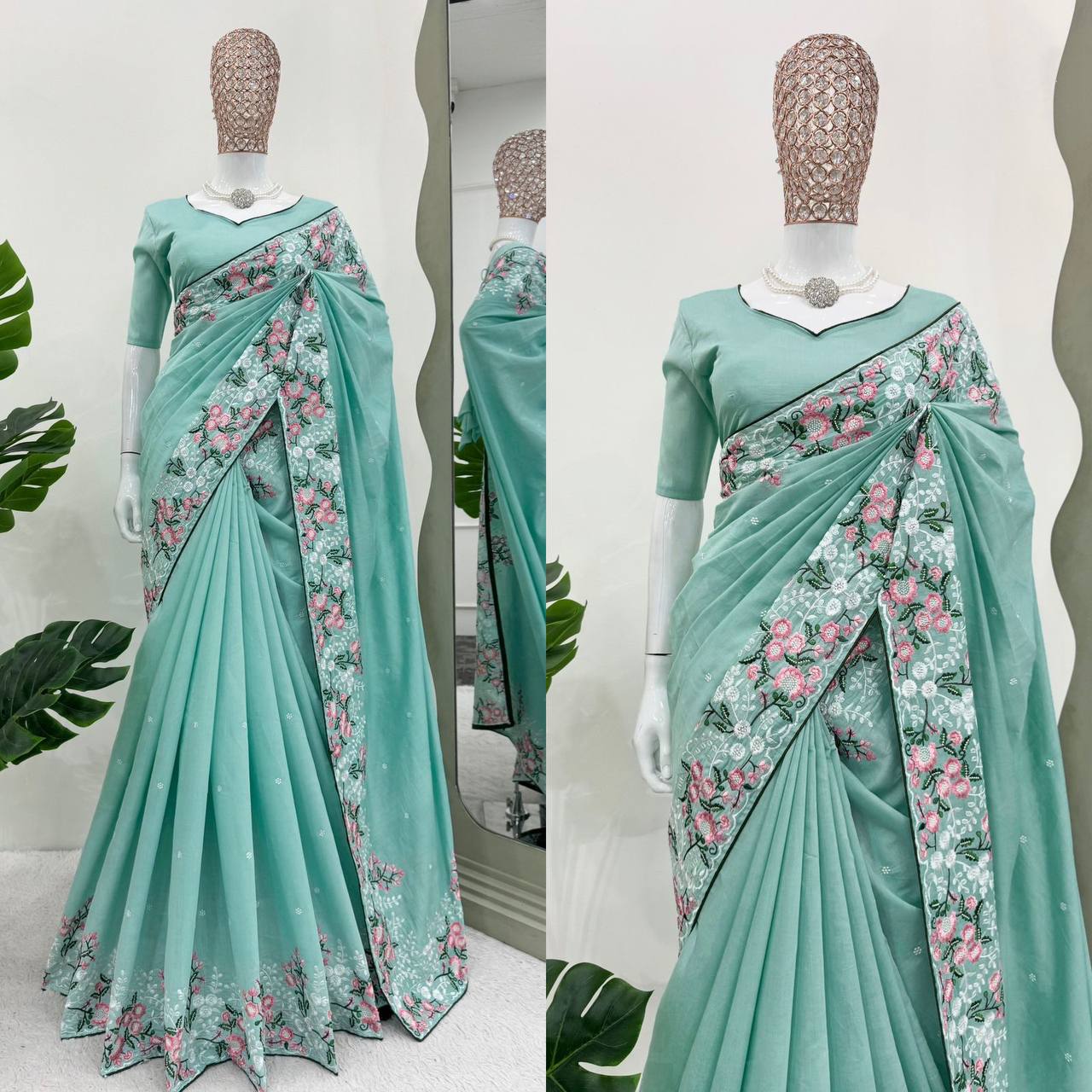 Sky Blue Roman Silk With Thred Work Saree