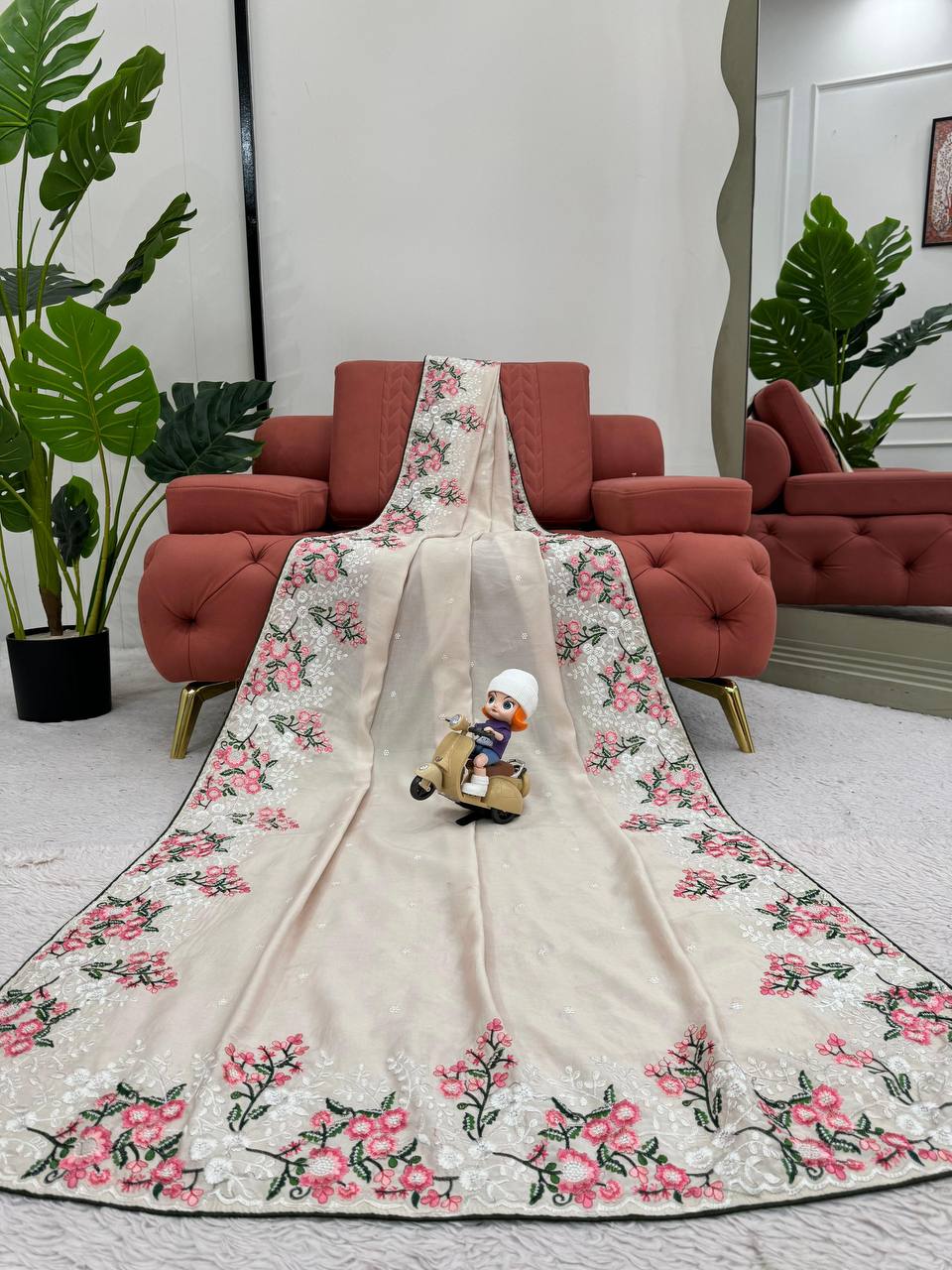 Off White Roman Silk With Thred Work Saree