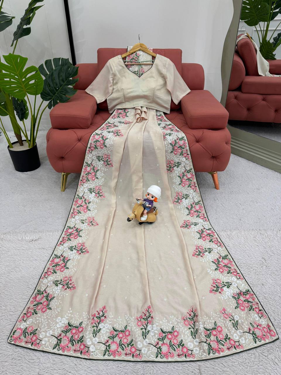 Off White Roman Silk With Thred Work Saree
