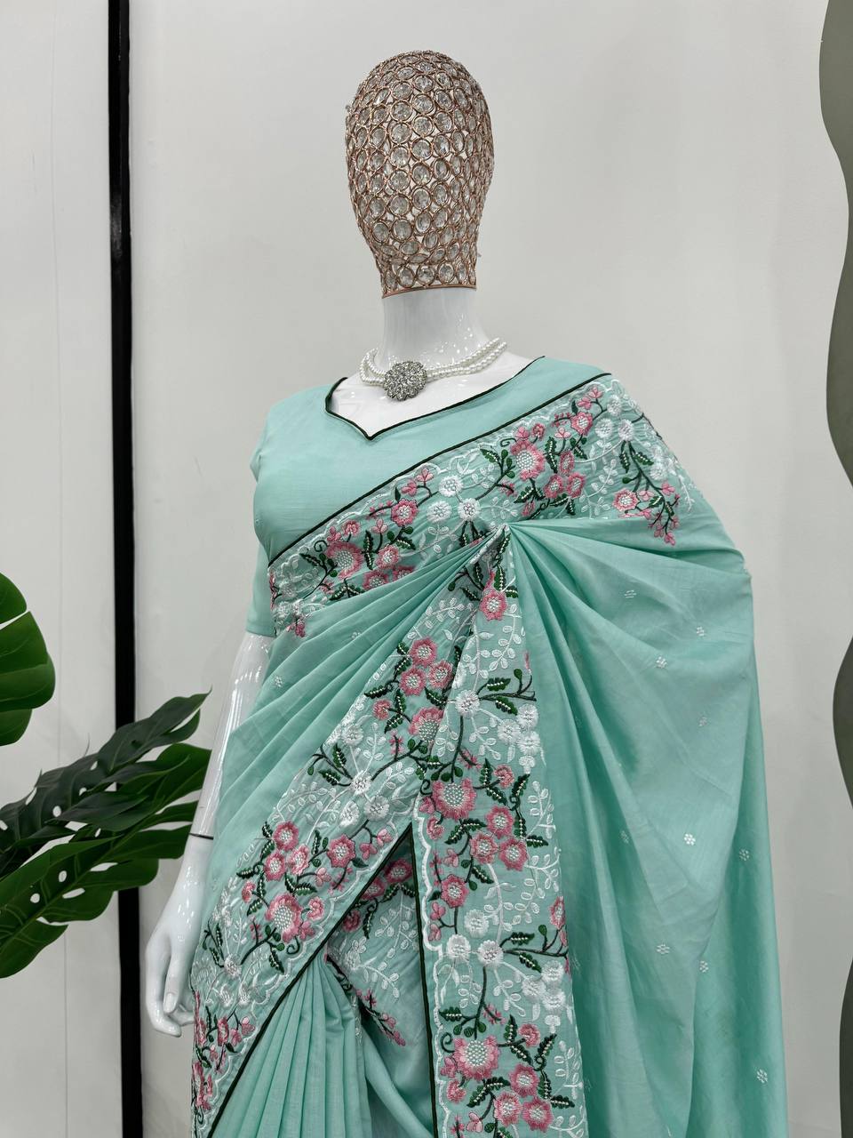 Sky Blue Roman Silk With Thred Work Saree