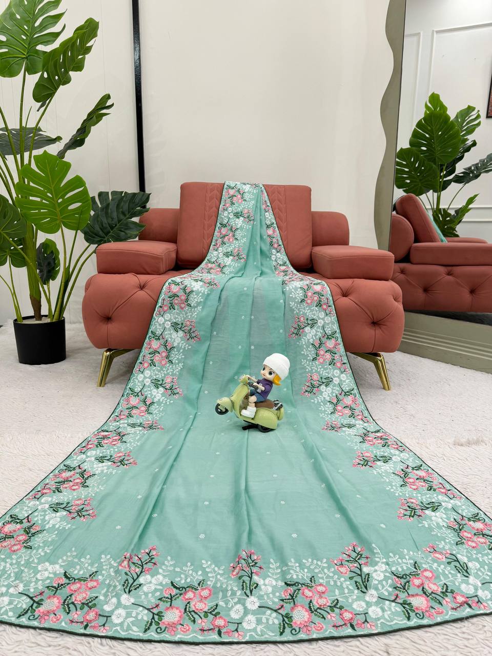 Sky Blue Roman Silk With Thred Work Saree