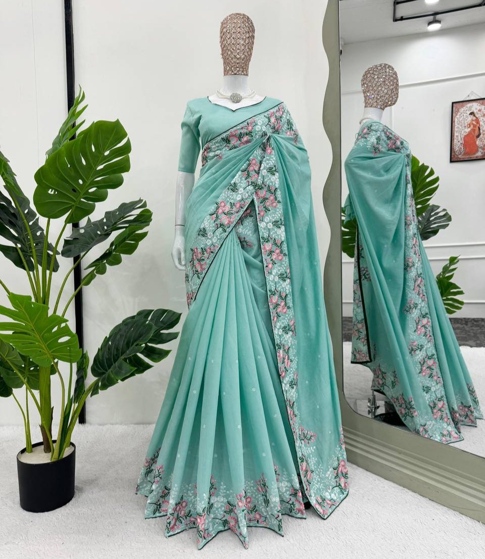 Sky Blue Roman Silk With Thred Work Saree