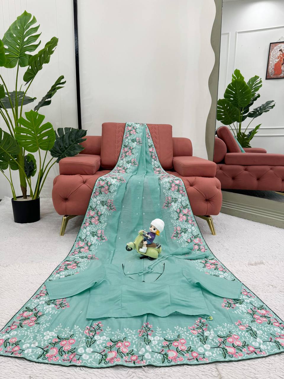 Sky Blue Roman Silk With Thred Work Saree