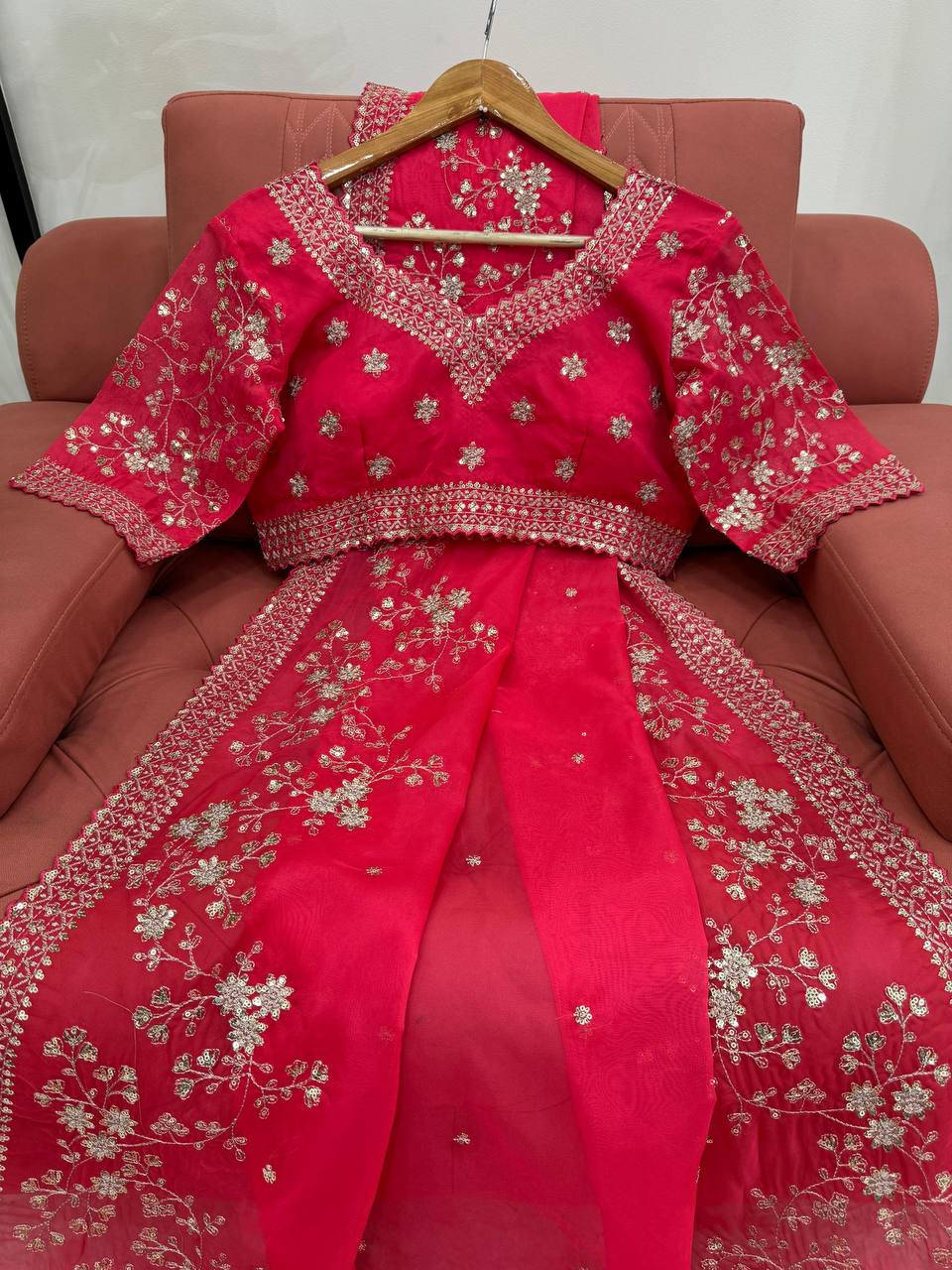 Red Tibby Silk With Thred & Sequnce Saree