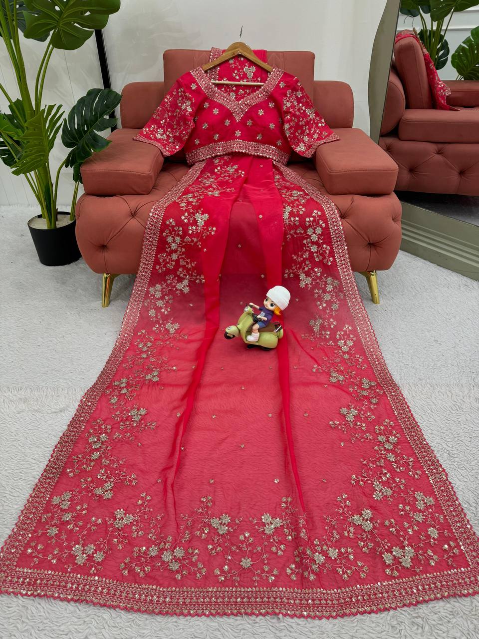 Red Tibby Silk With Thred & Sequnce Saree