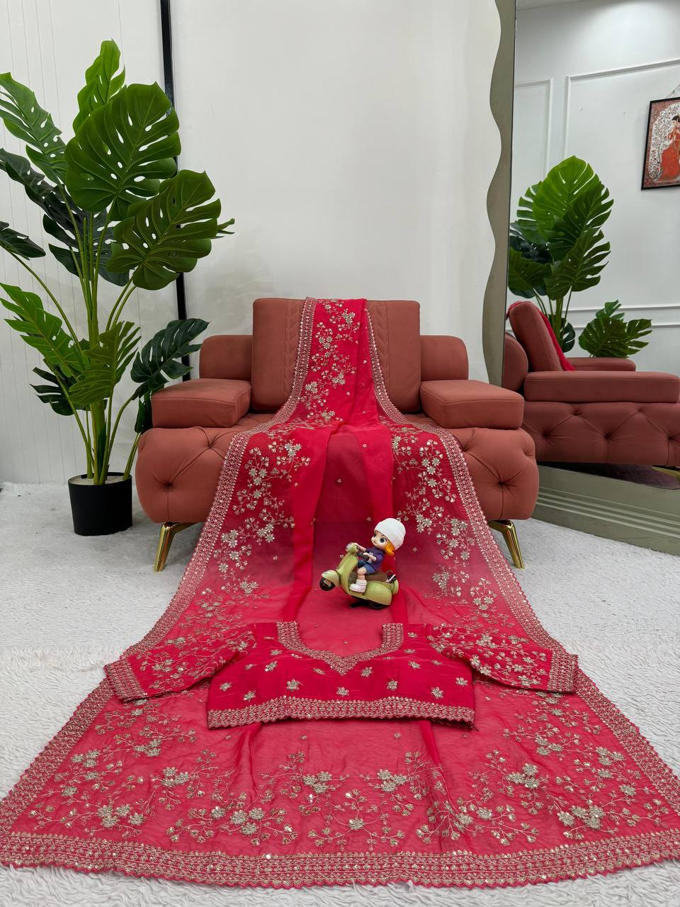 Red Tibby Silk With Thred & Sequnce Saree