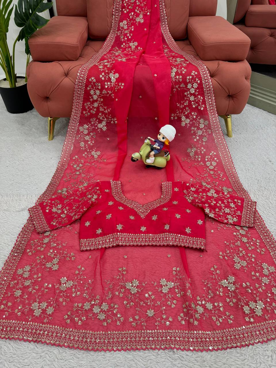 Red Tibby Silk With Thred & Sequnce Saree
