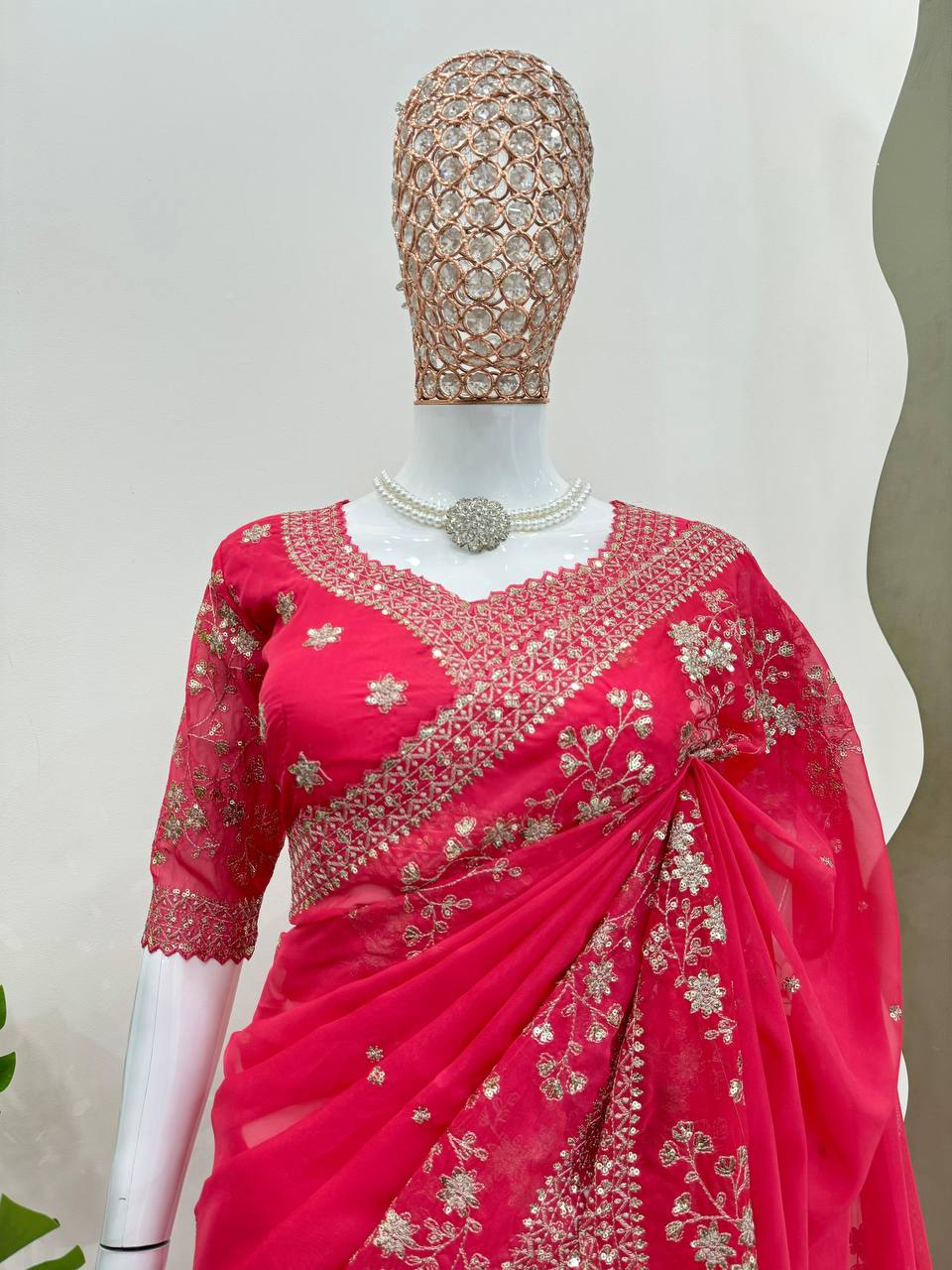 Red Tibby Silk With Thred & Sequnce Saree