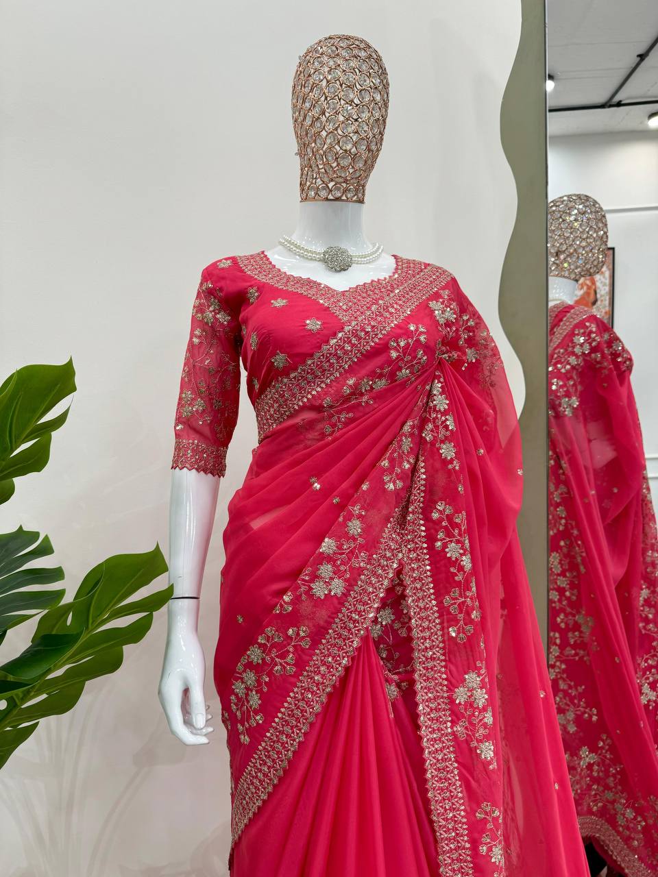 Red Tibby Silk With Thred & Sequnce Saree