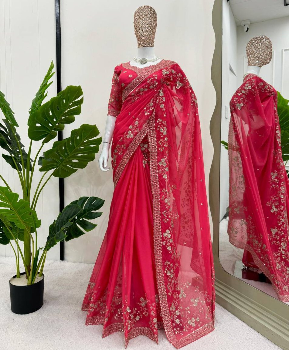 Red Tibby Silk With Thred & Sequnce Saree