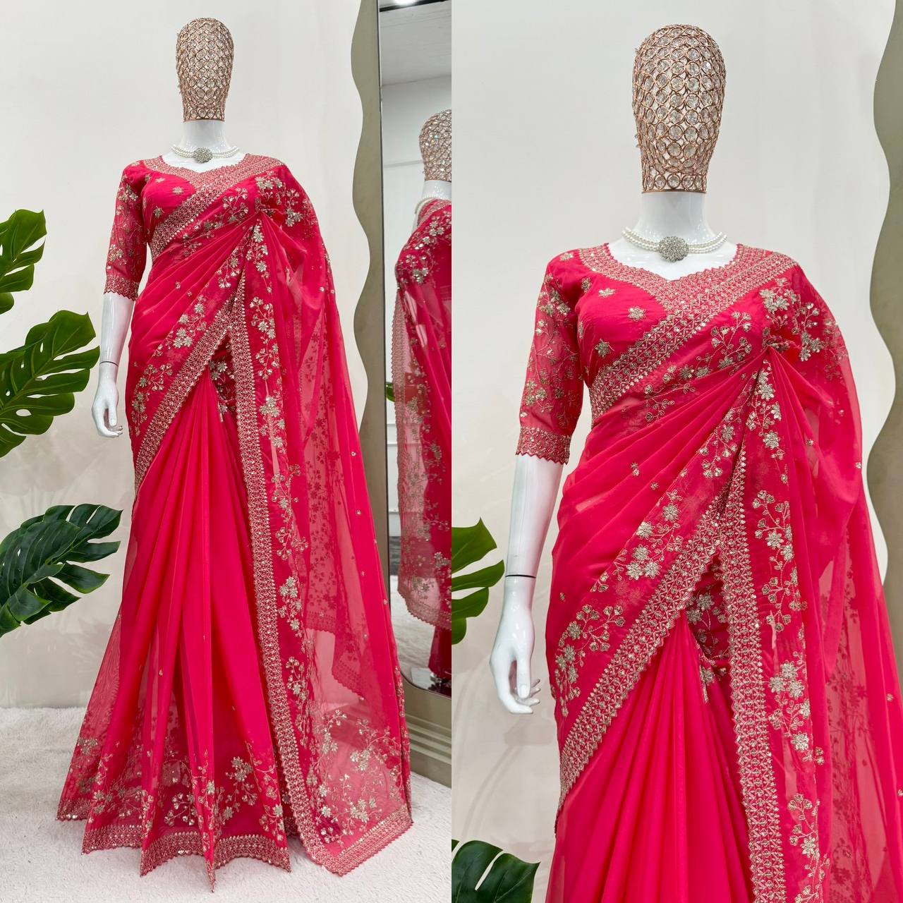 Red Tibby Silk With Thred & Sequnce Saree